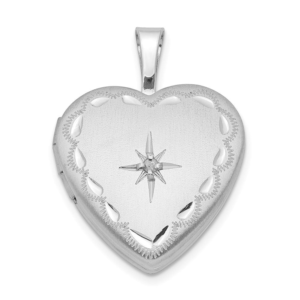 Rhodiniertes Sterlingsilber-Medaillon mit Herz und Stern, satiniert und diamantiert