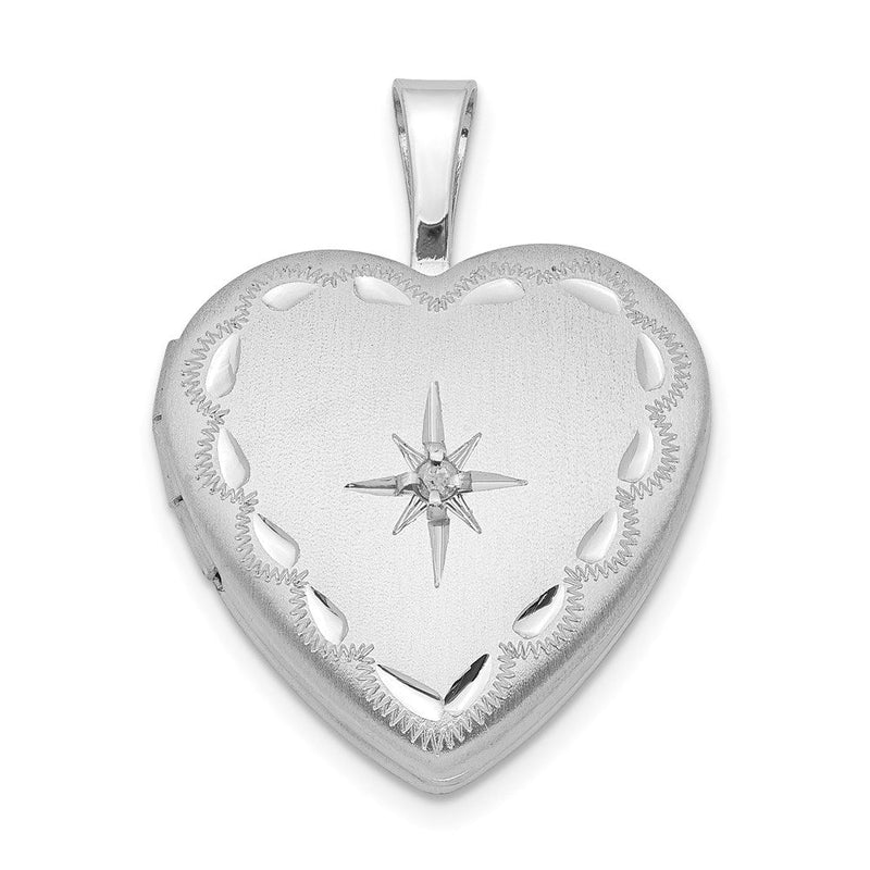 Rhodiniertes Sterlingsilber-Medaillon mit Herz und Stern, satiniert und diamantiert
