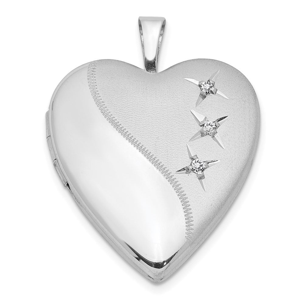 Sterlingsilber Rhodiniert Poliert & Satiniert Diamant 20mm Herz Medaillon