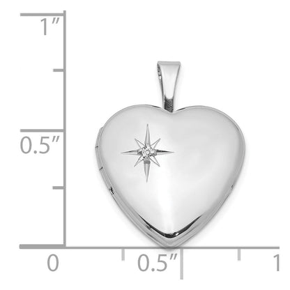 Rhodiniertes Sterlingsilber Medaillon in Herzform mit poliertem Diamant-Stern, 16 mm