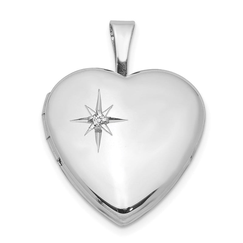 Rhodiniertes Sterlingsilber Medaillon in Herzform mit poliertem Diamant-Stern, 16 mm