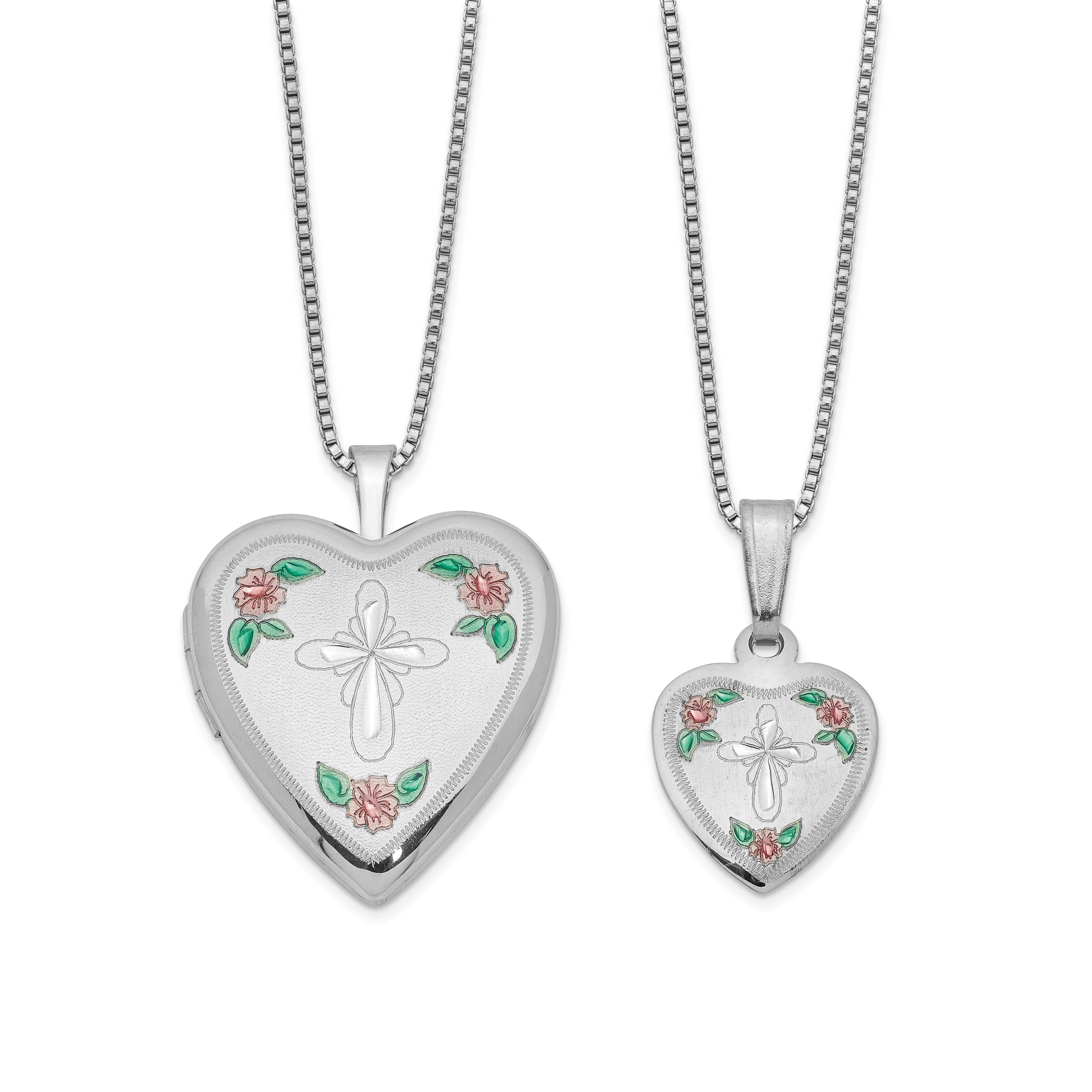Sterlingsilber Kreuz & Blumen Emailliert Mutter 14 Zoll Tochter Medaillon/pendant Halskette Set