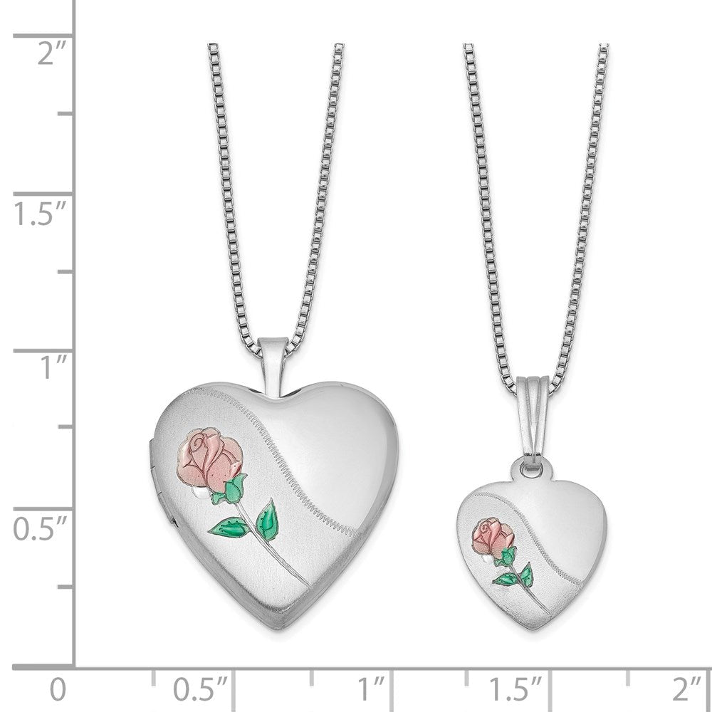 Sterlingsilber Rhodiniert Poliert & Satiniert Emailliert Rose Herz Mutter Tochter Medaillon Anhänger Halskette Set