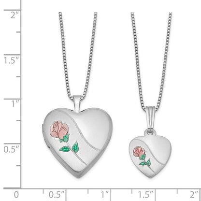 Sterlingsilber Rhodiniert Poliert & Satiniert Emailliert Rose Herz Mutter Tochter Medaillon Anhänger Halskette Set