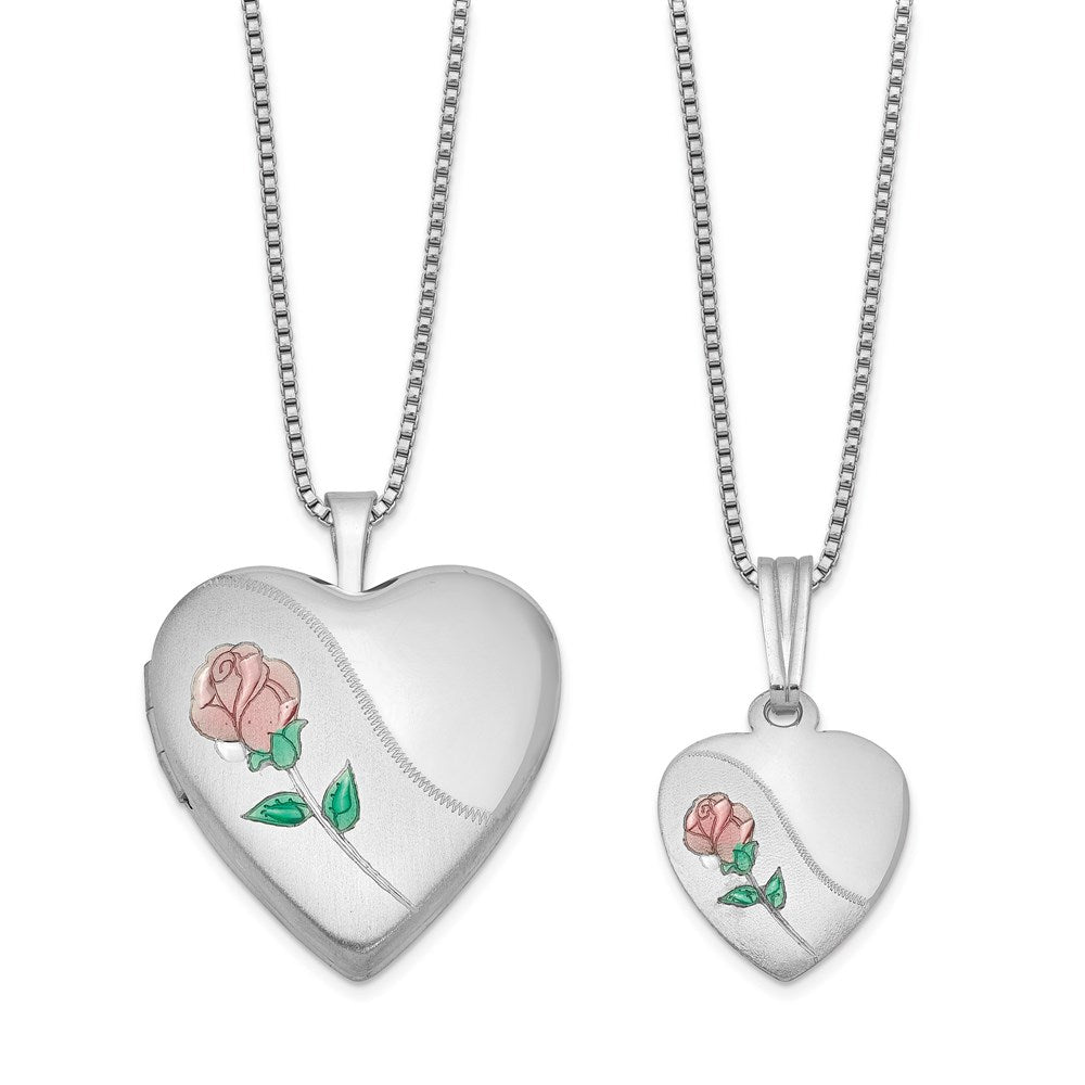 Sterlingsilber Rhodiniert Poliert & Satiniert Emailliert Rose Herz Mutter Tochter Medaillon Anhänger Halskette Set