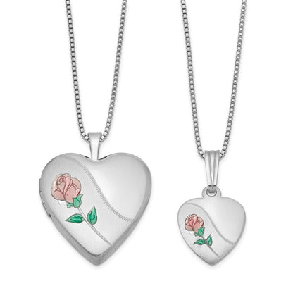 Sterlingsilber Rhodiniert Poliert & Satiniert Emailliert Rose Herz Mutter Tochter Medaillon Anhänger Halskette Set