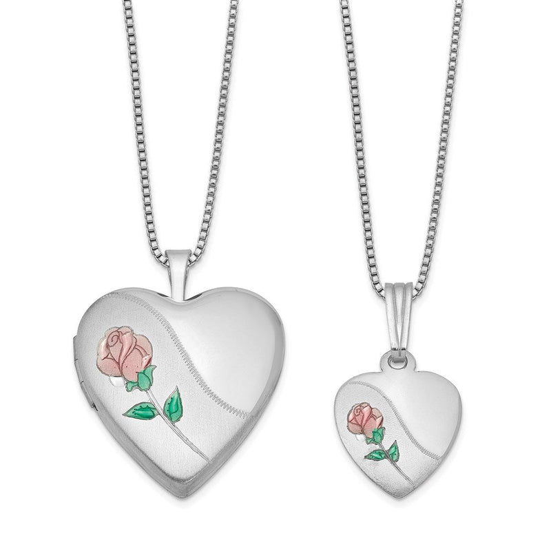 Sterlingsilber Rhodiniert Poliert & Satiniert Emailliert Rose Herz Mutter Tochter Medaillon Anhänger Halskette Set