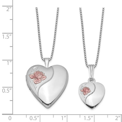 Sterlingsilber Rhodiniert Poliert/satin Emailliert Rose Herz 18 Zoll Medaillon Halskette & 14 Zoll Anhänger Set