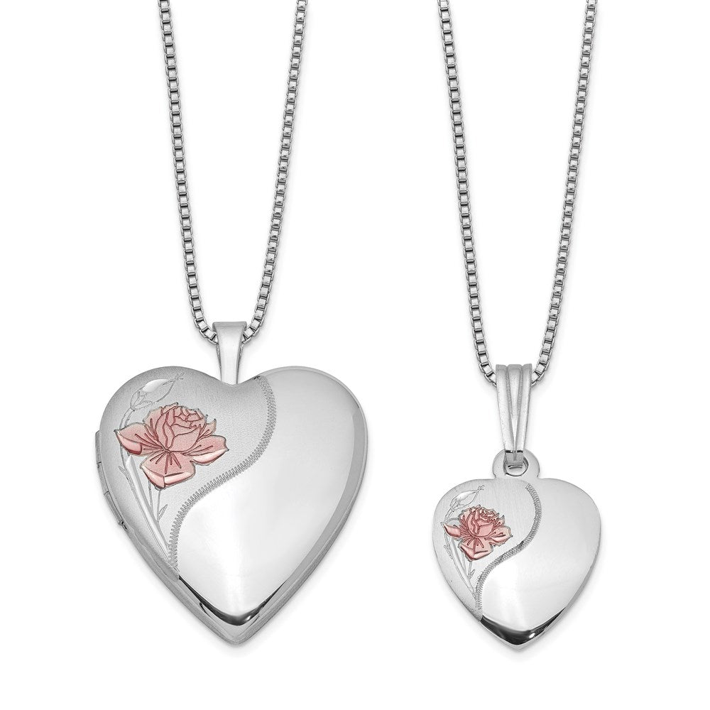 Sterlingsilber Rhodiniert Poliert/satin Emailliert Rose Herz 18 Zoll Medaillon Halskette & 14 Zoll Anhänger Set