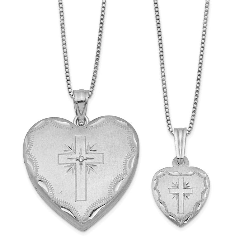 Sterlingsilber Rhodiniert Satiniert Diamantiert 18 Zoll Diamant Kreuz Herz Medaillon Halskette & 14 Zoll Anhänger Set
