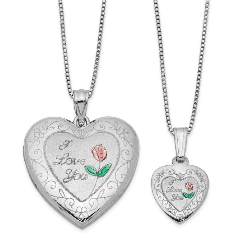Sterlingsilber Rhodiniert Emailliert Poliert/satin Rose I Liebe You Herz Mama 18 Zoll Medaillon & Tochter 14 Zoll Anhänger Halskette Set