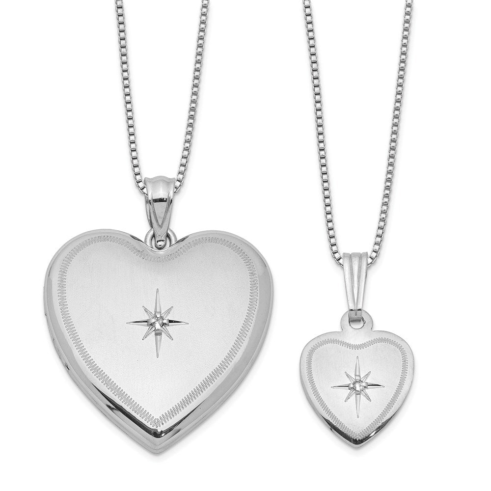 Sterlingsilber Rhodiniert Diamant Pol/satin Herz Medaillon & Anhänger Set