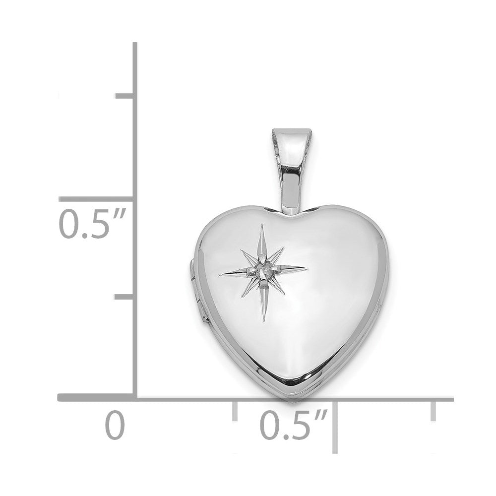 Rhodinierter Sterlingsilber-Anhänger „Herz-Medaillon“ mit Stern, poliert, mit Diamant, 12 mm