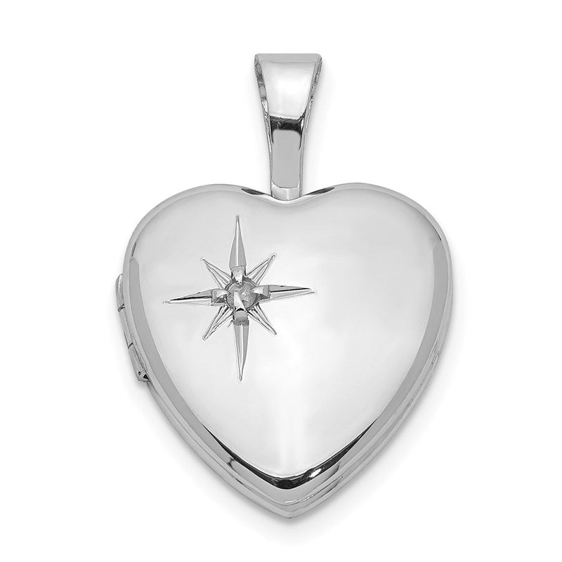 Rhodinierter Sterlingsilber-Anhänger „Herz-Medaillon“ mit Stern, poliert, mit Diamant, 12 mm