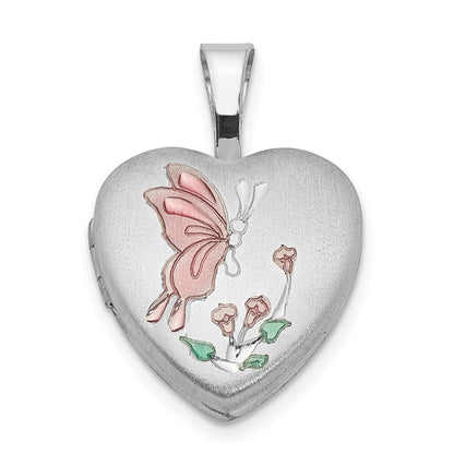 Sterlingsilber Rhodiniert Emaille Schmetterling Blumen 12mm Herz Medaillon