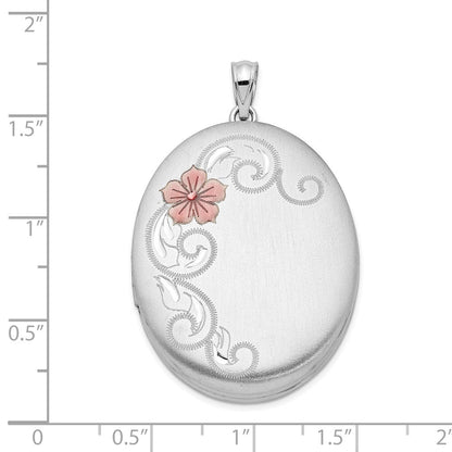 Sterlingsilber Rhodiniert Satiniert & Emailliert Blumen 34mm Oval Medaillon