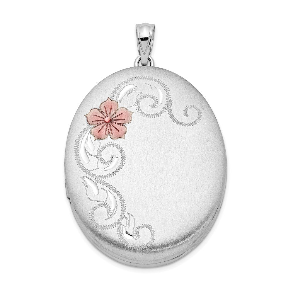 Sterlingsilber Rhodiniert Satiniert & Emailliert Blumen 34mm Oval Medaillon