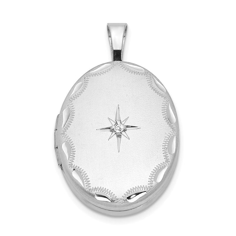 Rhodiniertes Sterlingsilber Medaillon mit Diamant, seitliches Muschelmuster, oval, 19 mm