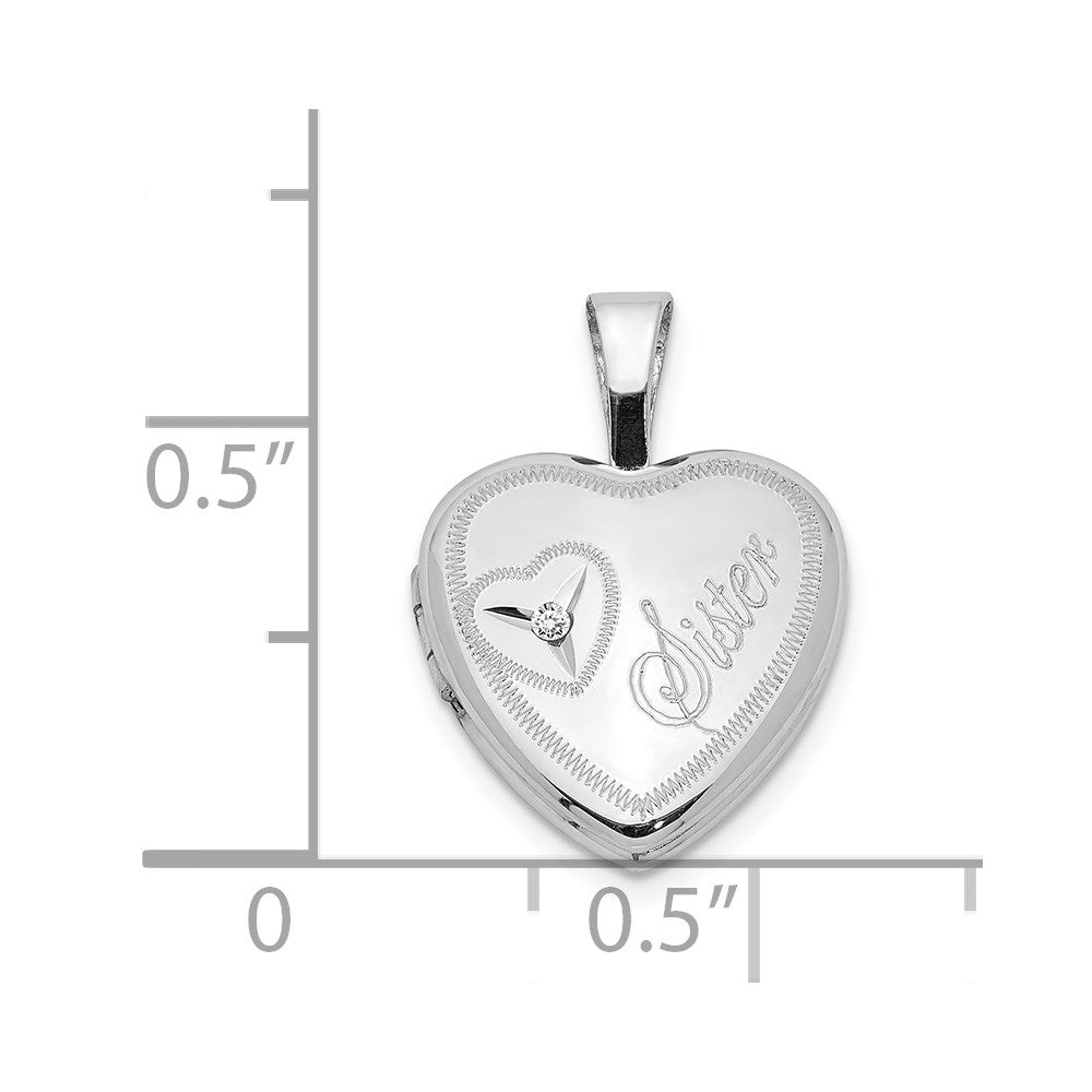Rhodiniertes Sterlingsilber Diamant-Herz „Sister" Medaillon, 12 mm, Herzform