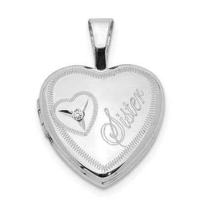 Rhodiniertes Sterlingsilber Diamant-Herz „Sister" Medaillon, 12 mm, Herzform