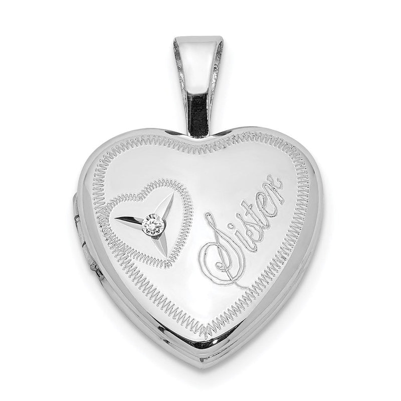 Rhodiniertes Sterlingsilber Diamant-Herz „Sister" Medaillon, 12 mm, Herzform