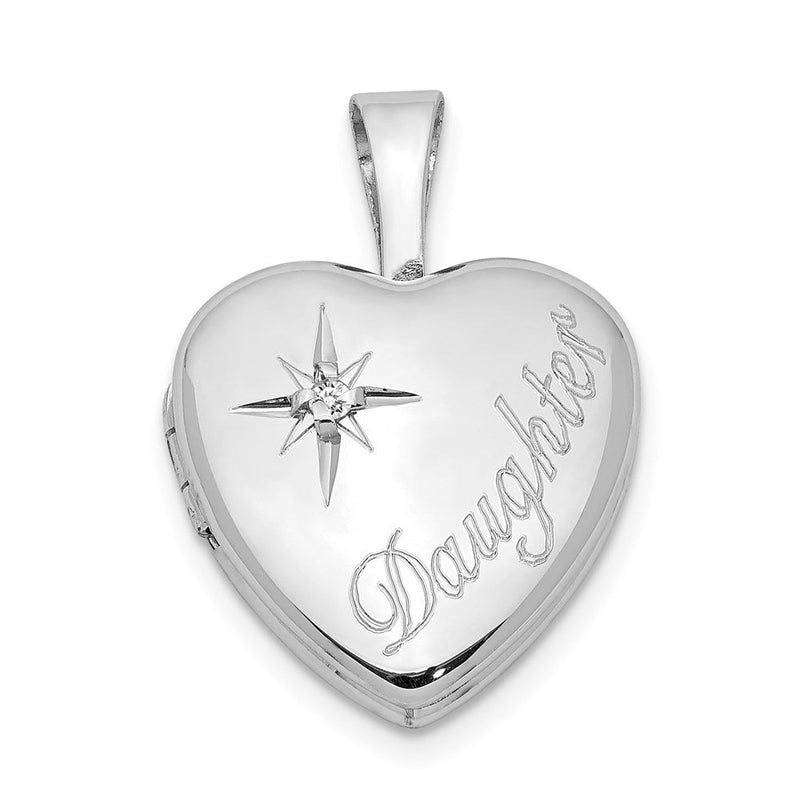 Rhodinierter Anhänger „Tochter“ aus Sterlingsilber mit Diamant, Herz-Medaillon, 12 mm