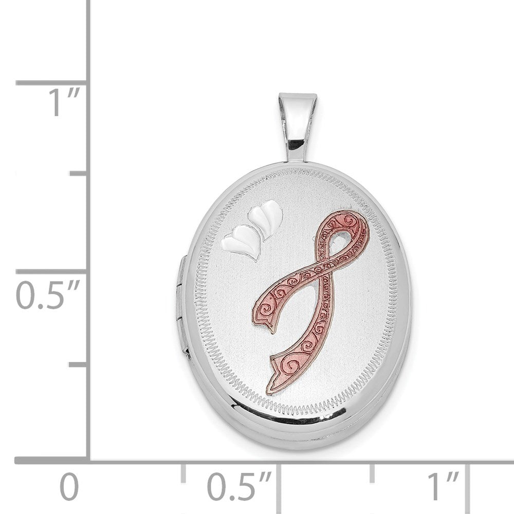 Sterlingsilber Rhodiniert Emailliert Rosa Schleife 19mm Oval Medaillon