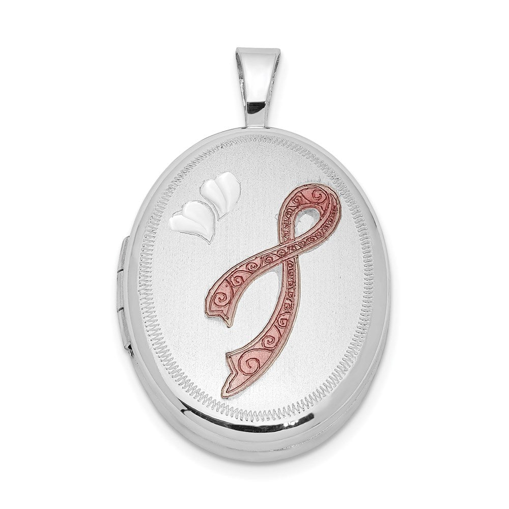 Sterlingsilber Rhodiniert Emailliert Rosa Schleife 19mm Oval Medaillon
