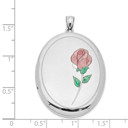 Sterlingsilber Rhodiniert Satiniert & Poliert Emaille Rose 34mm Oval Medaillon
