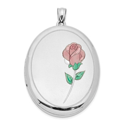 Sterlingsilber Rhodiniert Satiniert & Poliert Emaille Rose 34mm Oval Medaillon