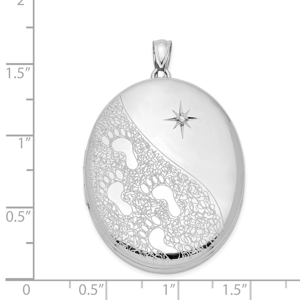 Rhodiniertes Sterlingsilber & Diamant Fußspuren 34 mm ovales Medaillon