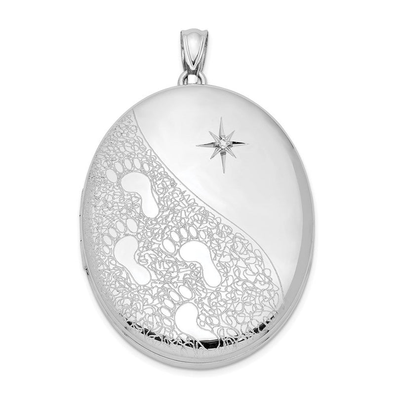Rhodiniertes Sterlingsilber & Diamant Fußspuren 34 mm ovales Medaillon