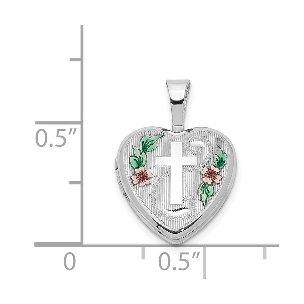 Sterlingsilber Rhodiniert Kreuz mit Emaille Blumen 12mm Herz Medaillon