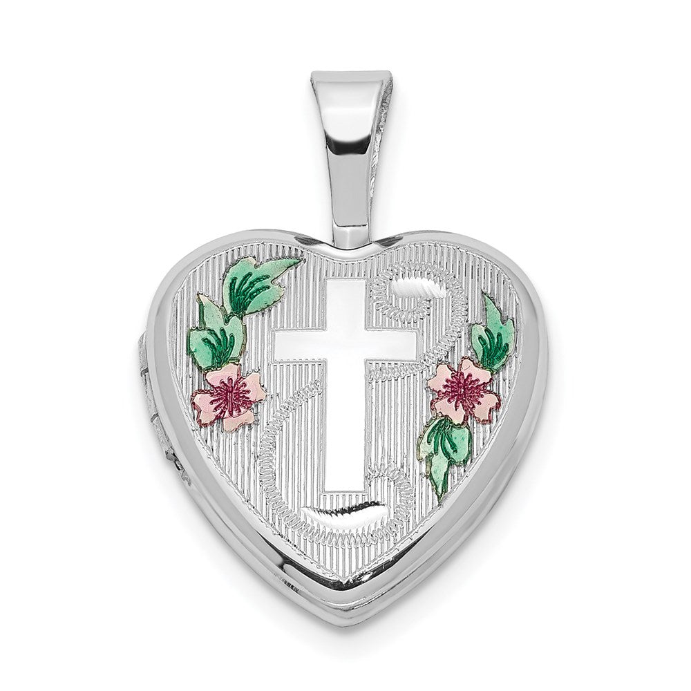 Sterlingsilber Rhodiniert Kreuz mit Emaille Blumen 12mm Herz Medaillon