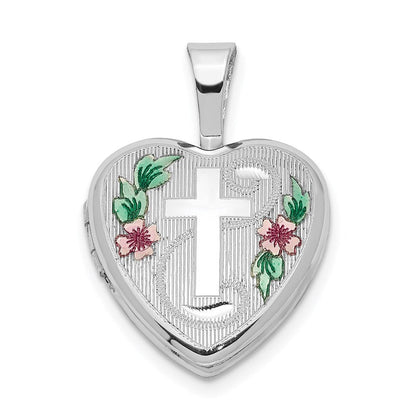 Sterlingsilber Rhodiniert Kreuz mit Emaille Blumen 12mm Herz Medaillon