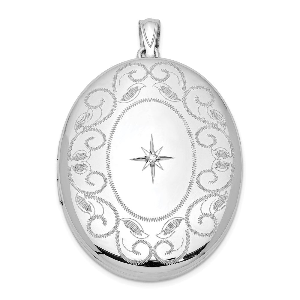 Ovales Medaillon mit Diamant und Wirbelrand aus rhodiniertem Sterlingsilber, 34 mm