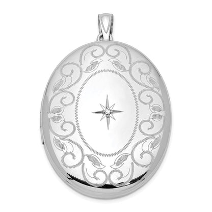 Ovales Medaillon mit Diamant und Wirbelrand aus rhodiniertem Sterlingsilber, 34 mm