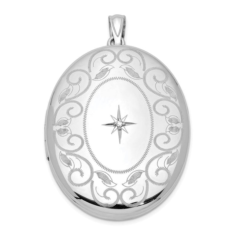 Ovales Medaillon mit Diamant und Wirbelrand aus rhodiniertem Sterlingsilber, 34 mm
