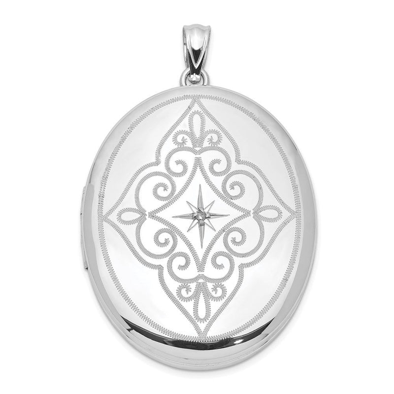 Rhodiniertes Sterlingsilber Medaillon mit Diamant in der Mitte, Wirbel-Design, oval 34 mm