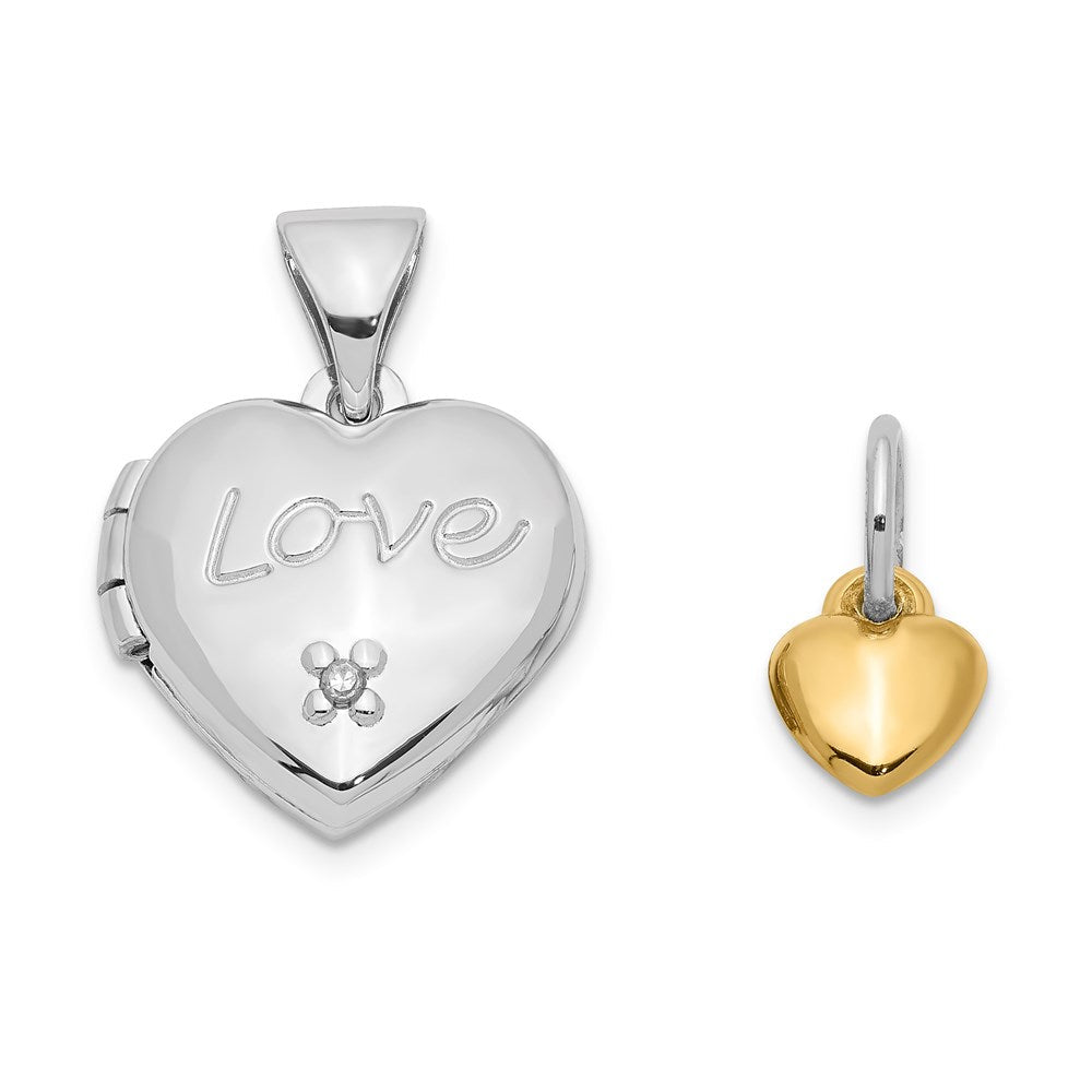 Herz-Medaillon Charm aus Sterlingsilber, rhodiniert und vergoldet, mit Diamant