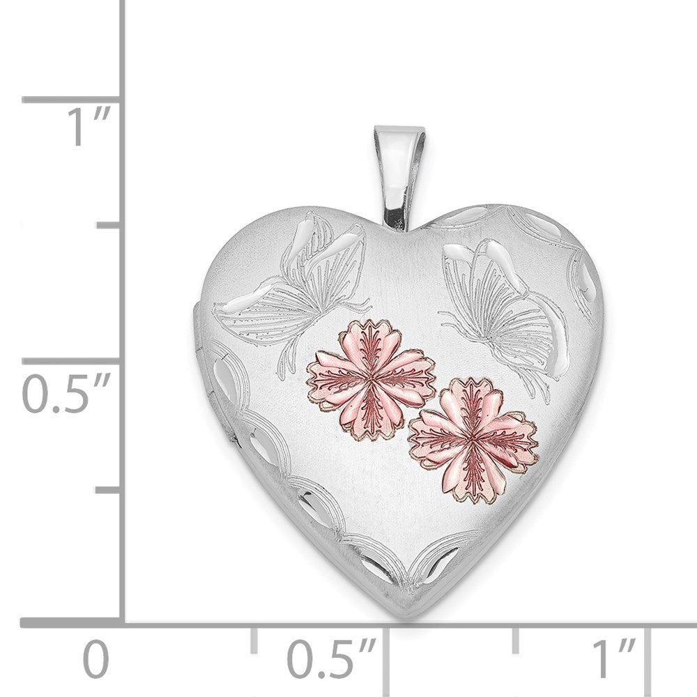 Sterlingsilber Rhodiniert Emailliert Blumen & Schmetterling Herz Medaillon