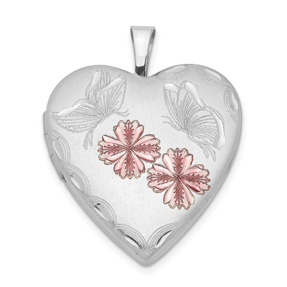 Sterlingsilber Rhodiniert Emailliert Blumen & Schmetterling Herz Medaillon