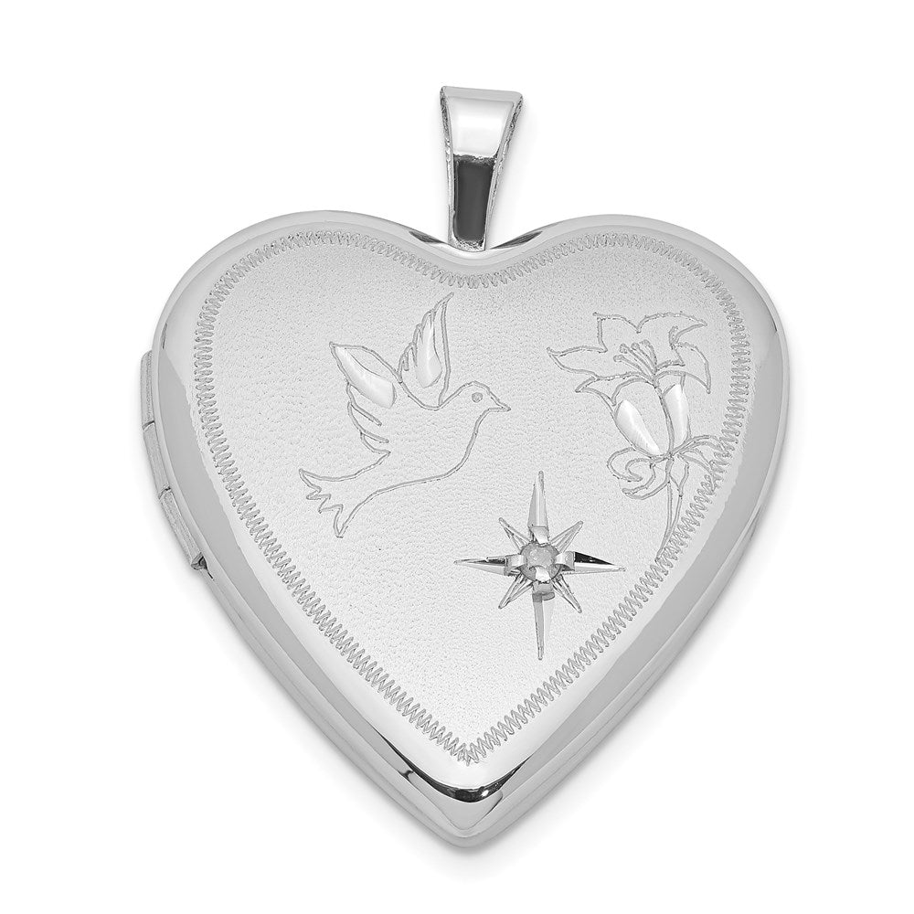 Sterlingsilber Rhodiniert Diamant Diamantiert Taube & Blume Herz Medaillon