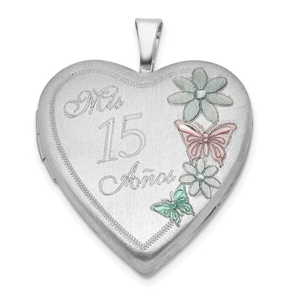 Sterlingsilber Satiniert Emailliert Mis 15 Anos Schmetterling Herz Medaillon