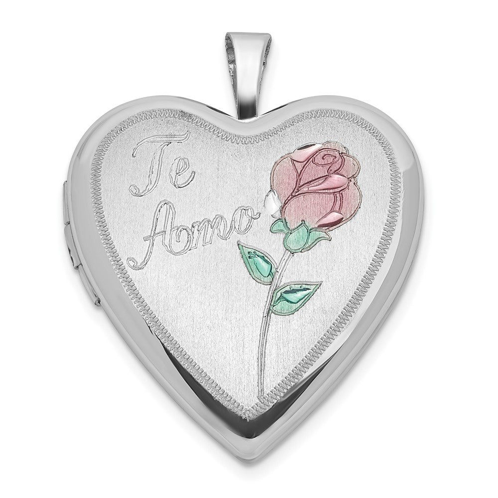 Sterlingsilber Poliert & Satiniert 20mm Emailliert Rose Te Amo Herz Medaillon