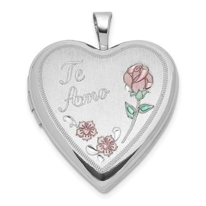 Sterlingsilber Poliert/satin 20mm Emailliert Roses Te Amo Herz Medaillon