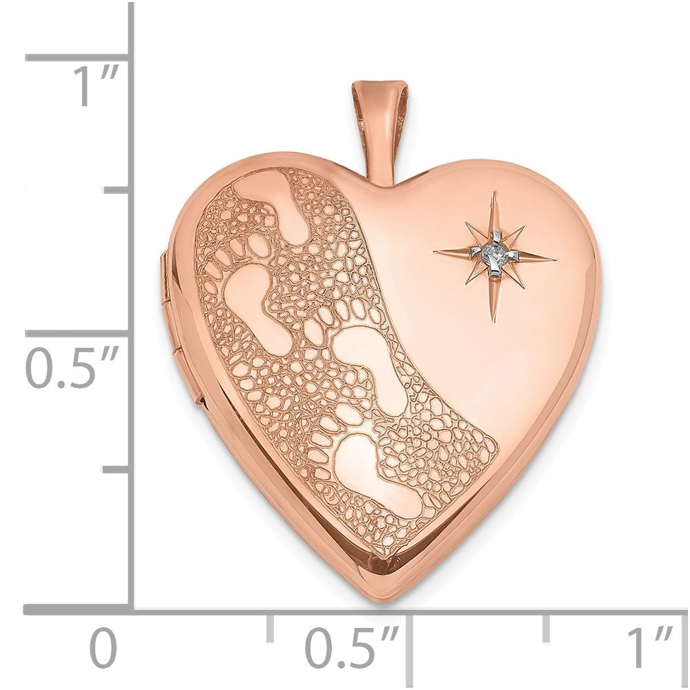 Sterlingsilber roségoldplattiertes 20 mm Medaillon „Fußspuren-Herz" mit Diamant