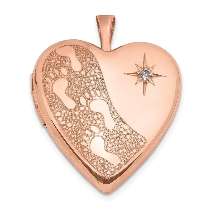 Sterlingsilber roségoldplattiertes 20 mm Medaillon „Fußspuren-Herz" mit Diamant