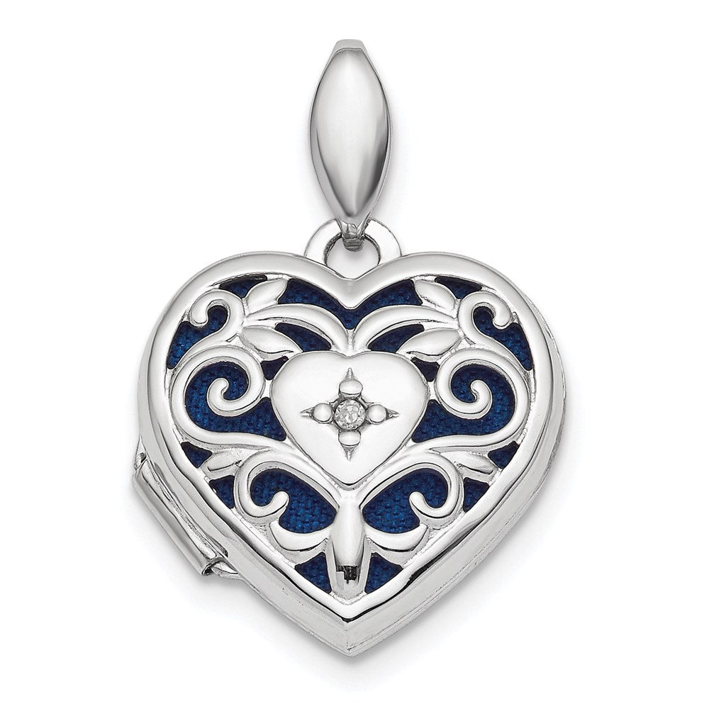 Rhodiniertes Sterlingsilber Herz-Medaillon mit Diamant, poliert und filigran