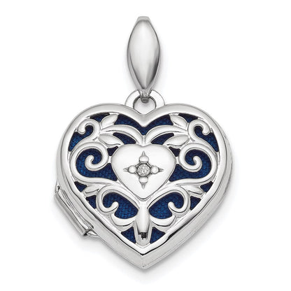 Rhodiniertes Sterlingsilber Herz-Medaillon mit Diamant, poliert und filigran